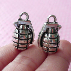 3D Grenade Charms (Tibetan Silver / 2pcs) (23mm x 14mm) Metal Findings Pendant Bracelet Earrings Zipper Pulls Bookmarks Key Chains CHM087