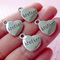 BROTHER Charms Heart Charm (4pcs / 17mm x 15mm / Tibetan Silver / 2 Sided) Love Family Charm Stamped Word Charm Gift Decoration CHM1558