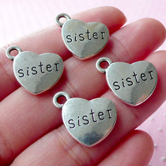 SISTER Charms Love Charm (4pcs / 17mm x 15mm / Tibetan Silver / 2 Sided) Heart Family Charm Stamped Word Tag Charm Gift Decoration CHM1559