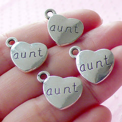 AUNT Charms Auntie Charm (4pcs / 17mm x 15mm / Tibetan Silver / 2 Sided) Love Family Word Charm Heart Tag Charm Wine Glass Charm CHM1562