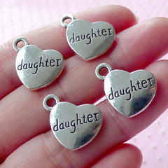 Heart DAUGHTER Charms (4pcs / 17mm x 15mm / Tibetan Silver / 2 Sided) Love Family Tag Charm Word Charm Necklace Bracelet Zipper Pull CHM1564
