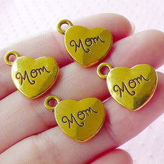 Mom Charms Mother Charm (4pcs / 17mm x 15mm / Gold / 2 Sided) Heart Tag Charm Message Charm Mothers Day Jewelry Pendant Bracelet CHM1571