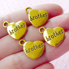 Sibling Charms Love BROTHER Charm (4pcs / 17mm x 15mm / Gold / 2 Sided) Heart Family Charm Word Tag Charm Keychain Bracelet Necklace CHM1572