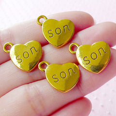 Family Tag Charms Love SON Charm (4pcs / 17mm x 15mm / Gold / 2 Sided) Heart Word Charm Baby Shower Favor Decoration New Mom Gift CHM1574