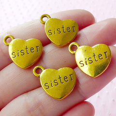 CLEARANCE Love SISTER Charms Sibling Charm (4pcs / 17mm x 15mm / Gold / 2 Sided) Family Heart Charm Message Tag Charm Gift Packaging Bracelet CHM1573