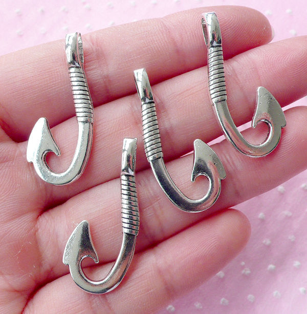 Clearance Fish Hook Charms Sea Sports Charm Fishing Charm (4pcs / 15mm x 31mm / Tibetan Silver / 2 Sided) Keychain Pendant Jewelry for Men CHM1583