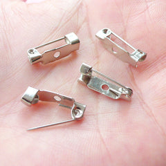 Brooch Pin Back (15mm / 20 pcs / Silver) Sew on Safety Pin Glue on Brooch Base Bottle Cap Cloth Button Locking Bar Pinback Findings F253
