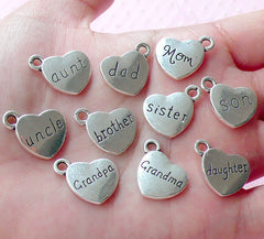 Family Charms Mom Dad Grandma Grandpa Sister Brother Daughter Son Aunt Uncle Heart (10pcs / 17mm x 15mm / Tibetan Silver / 2 Sided) CHM1584