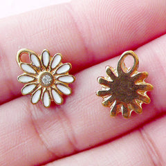 Chrysanthemum Charms Small Coneflower Enamel Charm w/ Clear Rhinestone (3pcs / 11mm x 13mm / Gold & White) Flower Drop Add a Charm CHM1609