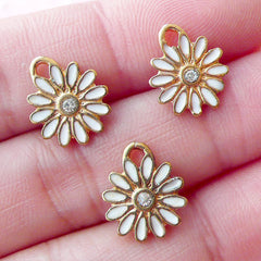 Chrysanthemum Charms Small Coneflower Enamel Charm w/ Clear Rhinestone (3pcs / 11mm x 13mm / Gold & White) Flower Drop Add a Charm CHM1609