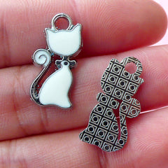 White Cat Charms Enamel Charm (2pcs / 10mm x 21mm / Silver & White) Animal Wine Glass Charm Clutch Zipper Pull Pet Keyring Charm CHM1614