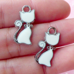 White Cat Charms Enamel Charm (2pcs / 10mm x 21mm / Silver & White) Animal Wine Glass Charm Clutch Zipper Pull Pet Keyring Charm CHM1614