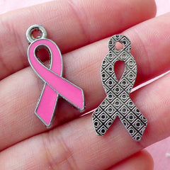 Pink Ribbon Charm Awareness Enamel Charms Breast Cancer Charm (2pcs / 13mm x 25mm) Zipper Pull Keychain Bookmark Wine Glass Charm CHM1610