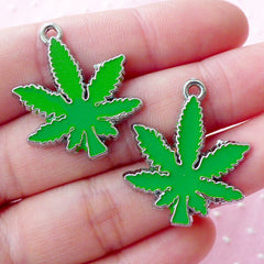 Hemp Marijuana Cannabis Enamel Charm Hippy Charm (2pcs / 23mm x 28mm / Silver & Green) Hippie Jewellery Weed Pendant Colored Charm CHM1616
