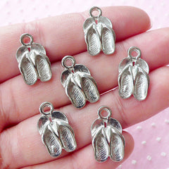 Dollhouse Flip Flops Charm (6pcs / 10mm x 17mm / Silver) 3D Miniature Sandal Shoe Flipflops Summer Beach Jewellery Kitsch Charm CHM1617