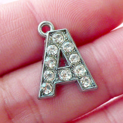 Alphabet A Charm with Clear Rhinestones (1 piece / 13mm x 17mm / Silver) Initial Charm Letter Charm Personalized Necklace Jewelry CHM1618