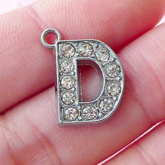 Alphabet D Charm with Clear Rhinestones (1 piece / 14mm x 17mm / Silver) Initial D Charm Letter Charm Personalized Pendant Jewellery CHM1621