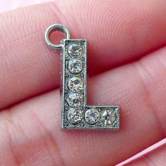 Letter L Charm with Clear Rhinestones (1 piece / 12mm x 17mm / Silver) Initial L Charm Alphabet Charm Personalized Key Chain Keyring CHM1629