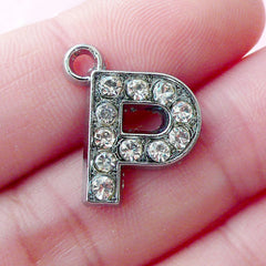 Letter P Charm with Bling Rhinestones (1 piece / 15mm x 17mm / Silver) Initial P Charm Alphabet Charm Personalized Zipper Pull Charm CHM1633