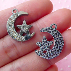 Moon and Star Charm with Bling Bling Rhinestones (2pcs / 15mm x 21mm / Silver) Luna Celestial Crescent Moon Planet Night Sky Charm CHM1646