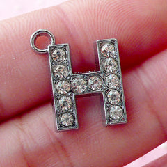 Alphabet H Charm with Clear Rhinestones (1 piece / 15mm x 17mm / Silver) Initial H Charm Letter Charm Personalized Wine Glass Charm CHM1625