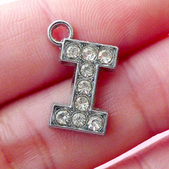 Alphabet I Charm with Clear Rhinestones (1 piece / 12mm x 17mm / Silver) Initial Charm Letter I Charm Personalized Keychain Keyring CHM1626