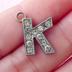 Letter K Charm with Clear Rhinestones (1 piece / 14mm x 17mm / Silver) Initial Charm Alphabet K Charm Personalized Key Ring Keychain CHM1628