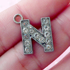 Letter N Charm with Bling Rhinestones (1 piece / 16mm x 17mm / Silver) Initial N Charm Alphabet Charm Personalized Key Ring Keychain CHM1631