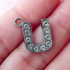 Initial U Charm with Bling Rhinestones (1 piece / 15mm x 17mm / Silver) Letter Charm Alphabet U Charm Personalized Favor Packaging CHM1638