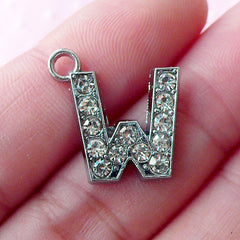 Initial W Charm with Bling Rhinestones (1 piece / 17mm x 17mm / Silver) Letter Charm Alphabet W Charm Personalized Favor Decoration CHM1640