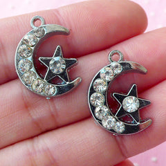 Moon and Star Charm with Bling Bling Rhinestones (2pcs / 15mm x 21mm / Silver) Luna Celestial Crescent Moon Planet Night Sky Charm CHM1646