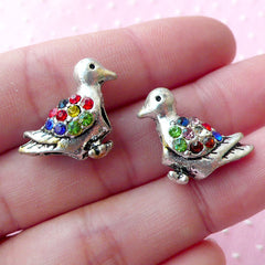 Rhinestone Bird Beads / Bling Bling Animal Bead (2pcs / 22mm x 15mm / Tibetan Silver / 2 Sided) European Style Large Hole Duck Bead CHM1653