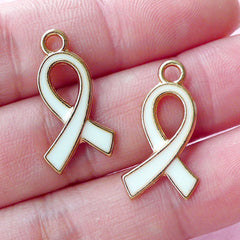 White Ribbon Charm Enamel Awareness Charms (2pcs / 12mm x 21mm / White & Gold) Anti Violence Feminism Equal Rights Peace Friendship CHM1655