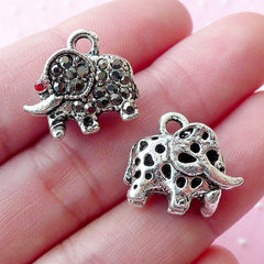 Indian Elephant Charms with Bling Bling Rhinestones (2pcs / 17mm x 15mm / Tibetan Silver) Exotic Animal Jewel Thai Jewelry Bracelet CHM1651