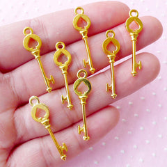 Gold Key Charms (7pcs / 8mm x 28mm / 2 Sided) Poker Spade Small Door Key Pendant Earrings Necklace Cute Alice in Wonderland Jewelry CHM1670