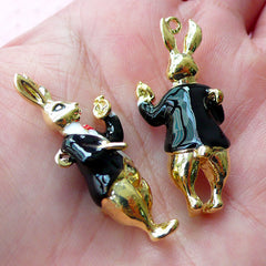 3D Bunny Hare Rabbit Gentleman in Suit Enamel Charm / Alice in Wonderland Charm (1 piece / 15mm x 37mm / Gold, Black, White & Red) CHM1667