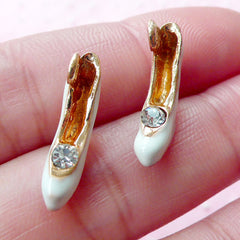 Miniature High Heel Charm 3D Dollhouse Shoe Enamel Charm w/ Rhinestone (2pcs / 18mm x 13mm / Gold & White / 2 Sided) Purse Charm DIY CHM1677