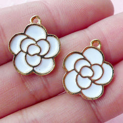 CLEARANCE Rose Enamel Charms (2pcs / 15mm x 18mm / Gold & White) Flower Bracelet Floral Necklace Pendant Purse Charm Wedding Wine Glass Charm CHM1680