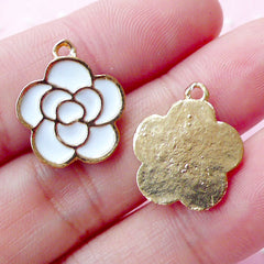 CLEARANCE Rose Enamel Charms (2pcs / 15mm x 18mm / Gold & White) Flower Bracelet Floral Necklace Pendant Purse Charm Wedding Wine Glass Charm CHM1680