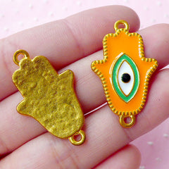 CLEARANCE Enameled Hamsa Hand with Evil Eye Connector Charms (2pcs / 20mm x 32mm / Gold, Orange & Green) Turkish Jewellery Nazar Stink Eye CHM1684