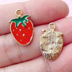 Cute Strawberry Colored Charms / Fruit Enamel Charm (2pcs / 11mm x 18mm / Gold, Red & Green) Kawaii Charm Bracelet Keychain Charm CHM1688