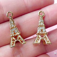 CLEARANCE Gold Eiffel Tower Charms with Bling Bling Rhinestones (2pcs / 10m x 22mm / Gold / 3D) France Paris Charm Travel Jewelry Pendant CHM1689