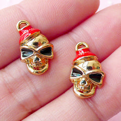 Funky Skull Head Enamel Charms (2pcs / 9m x 16mm / Gold, Black & Red) Halloween Bracelet Earrings Bangle Favor Packaging Wine Charm CHM1692