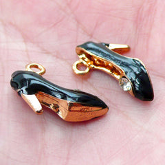 CLEARANCE Dollhouse High Heel Charm 3D Miniature Shoe Enamel Charms w/ Rhinestone (2pcs / 18mm x 13mm / Gold & Black / 2 Sided) Fashion Charm CHM1676