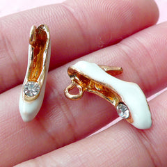 Miniature High Heel Charm 3D Dollhouse Shoe Enamel Charm w/ Rhinestone (2pcs / 18mm x 13mm / Gold & White / 2 Sided) Purse Charm DIY CHM1677