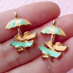 Beach Chair with Umbrella Enamel Charms (2pcs / 15mm x 21mm / Gold, Orange & Green) Summer Jewellery Swimming Pool Outdoor Activity CHM1697