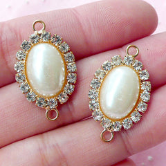 Oval Pearl Connector Charms with Bling Bling Rhinestones Chain (2pcs / 16mm x 26mm / Gold & Cream) Necklace Bracelet Link Charm CHM1679