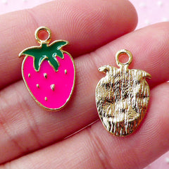 Kawaii Strawberry Enamel Charms / Colored Fruit Charm (2pcs / 11mm x 18mm / Gold, Pink & Green) Cute Charm Bracelet Zipper Pull CHM1682
