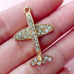 CLEARANCE Aeroplane Charms w/ Clear Rhinestones (1 piece / 22m x 32mm / Gold) Plane Airplane Flight Aircraft Aviation Charm Travel Jewellery CHM1690