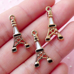 Enameled Eiffel Tower Charms (3pcs / 12m x 22mm / Gold, Black & White) French Jewelry Paris Charm Travel Zipper Pull Wine Charm CHM1691